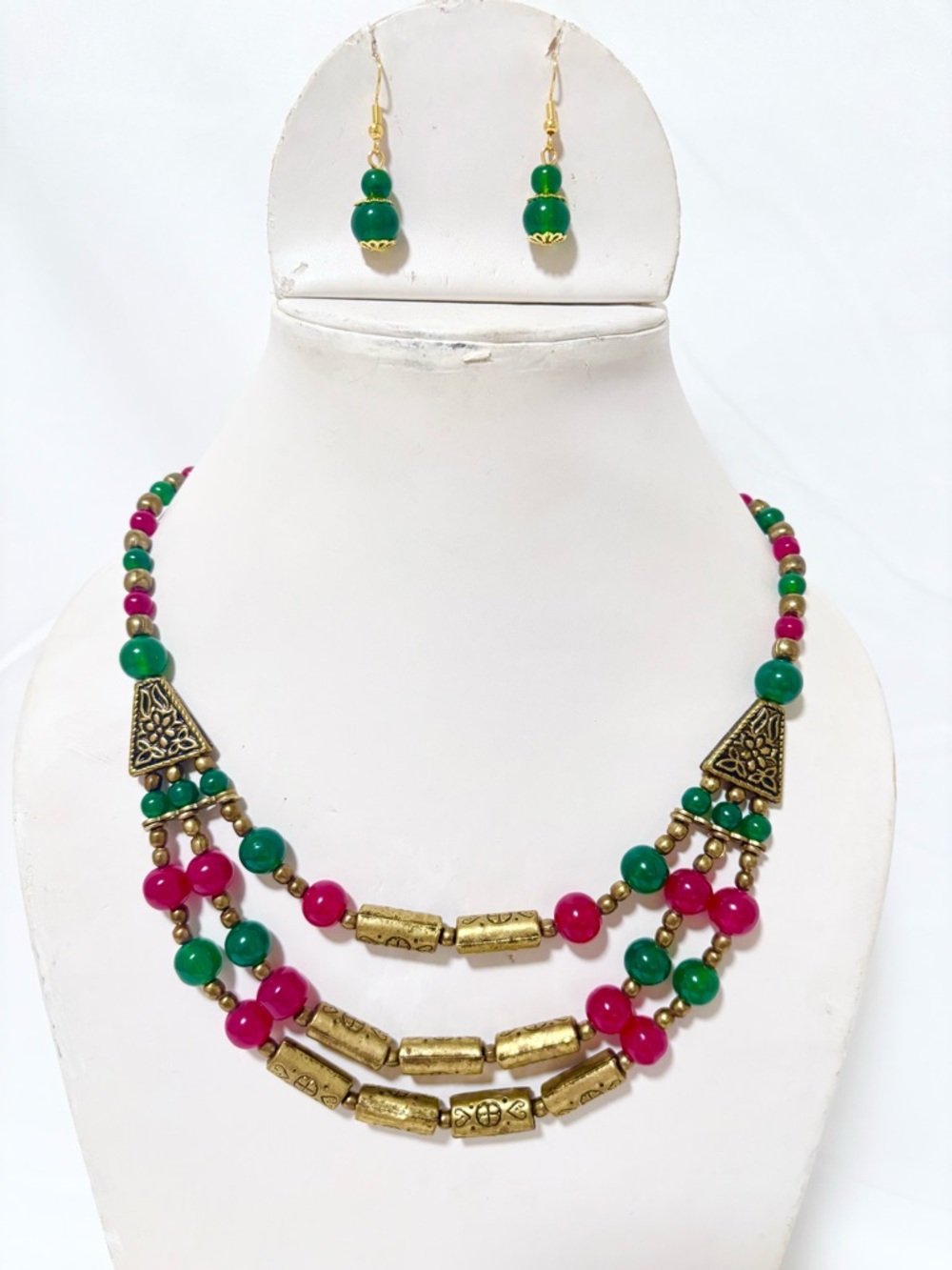 Triple-Strand Green & Pink Beaded Necklace with Earrings